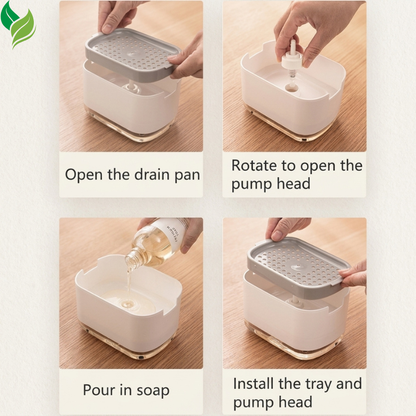 Press-top soap dispenser being opened for easy liquid soap refilling