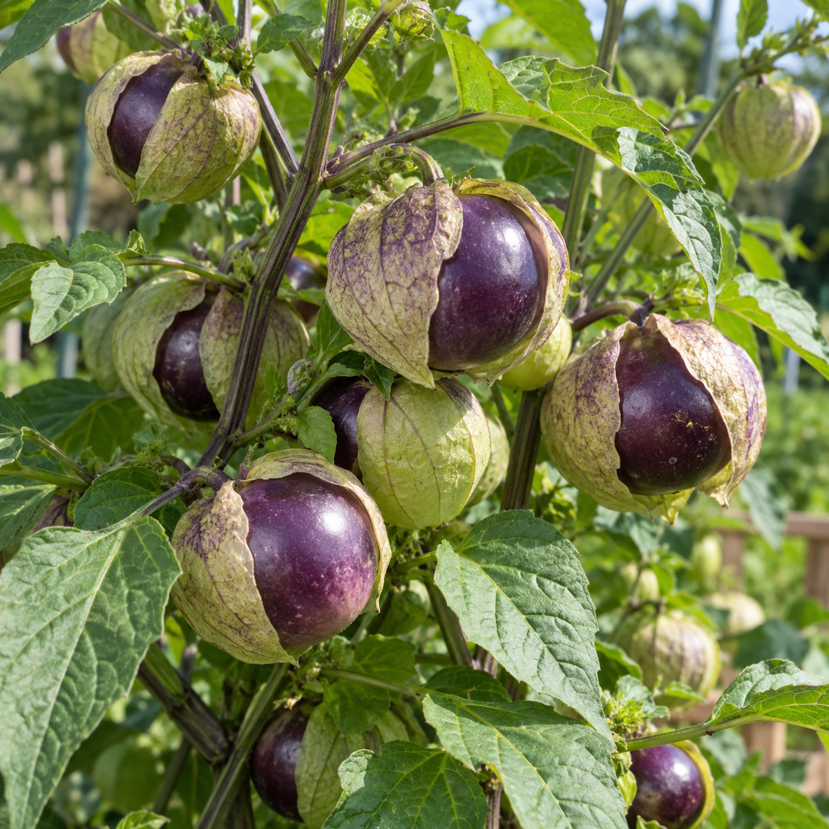 Productive Purple Tomatillo plants growing in a sunny raised garden bed