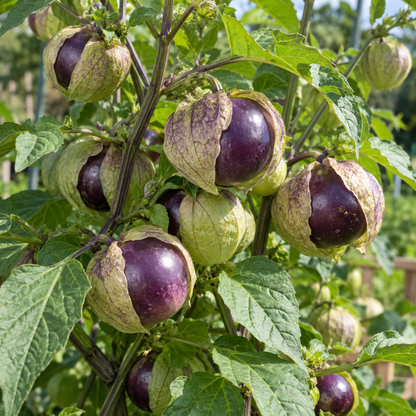 Productive Purple Tomatillo plants growing in a sunny raised garden bed