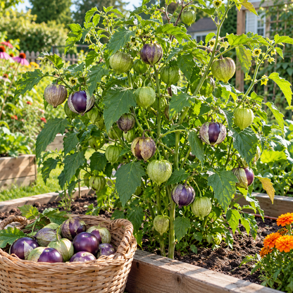 Purple Tomatillo fruits ripening inside papery husks on a healthy garden plant