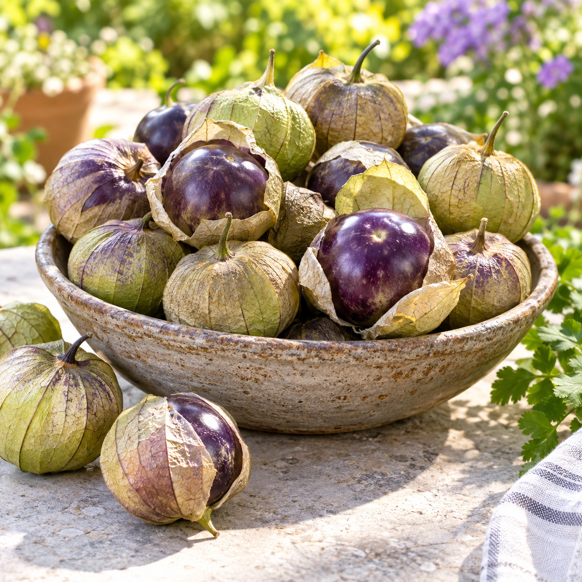 Freshly harvested Purple Tomatillos with distinctive purple fruit and natural papery husks