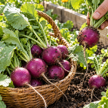 Purple Plum radishes growing in a raised garden bed with green leaves and dark soil