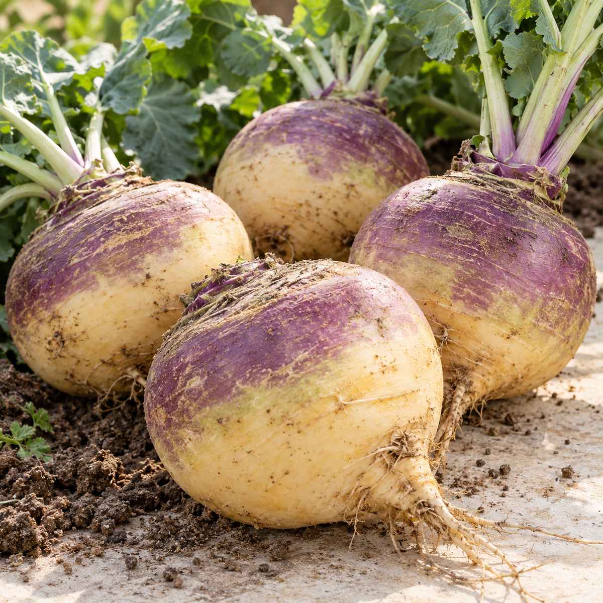 Four freshly harvested turnips with purple tops and green leafy stems, resting on soil and concrete outdoors.