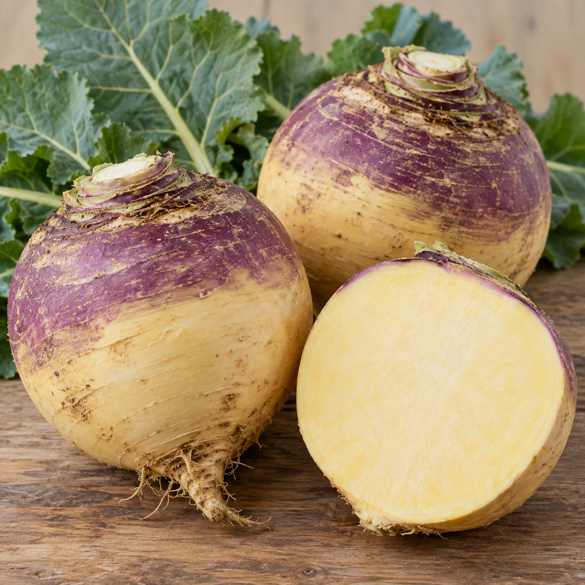 Three turnips on a wooden surface with green leaves, including one whole turnip, one cut open showing the pale yellow interior, and one partially cut in the background.