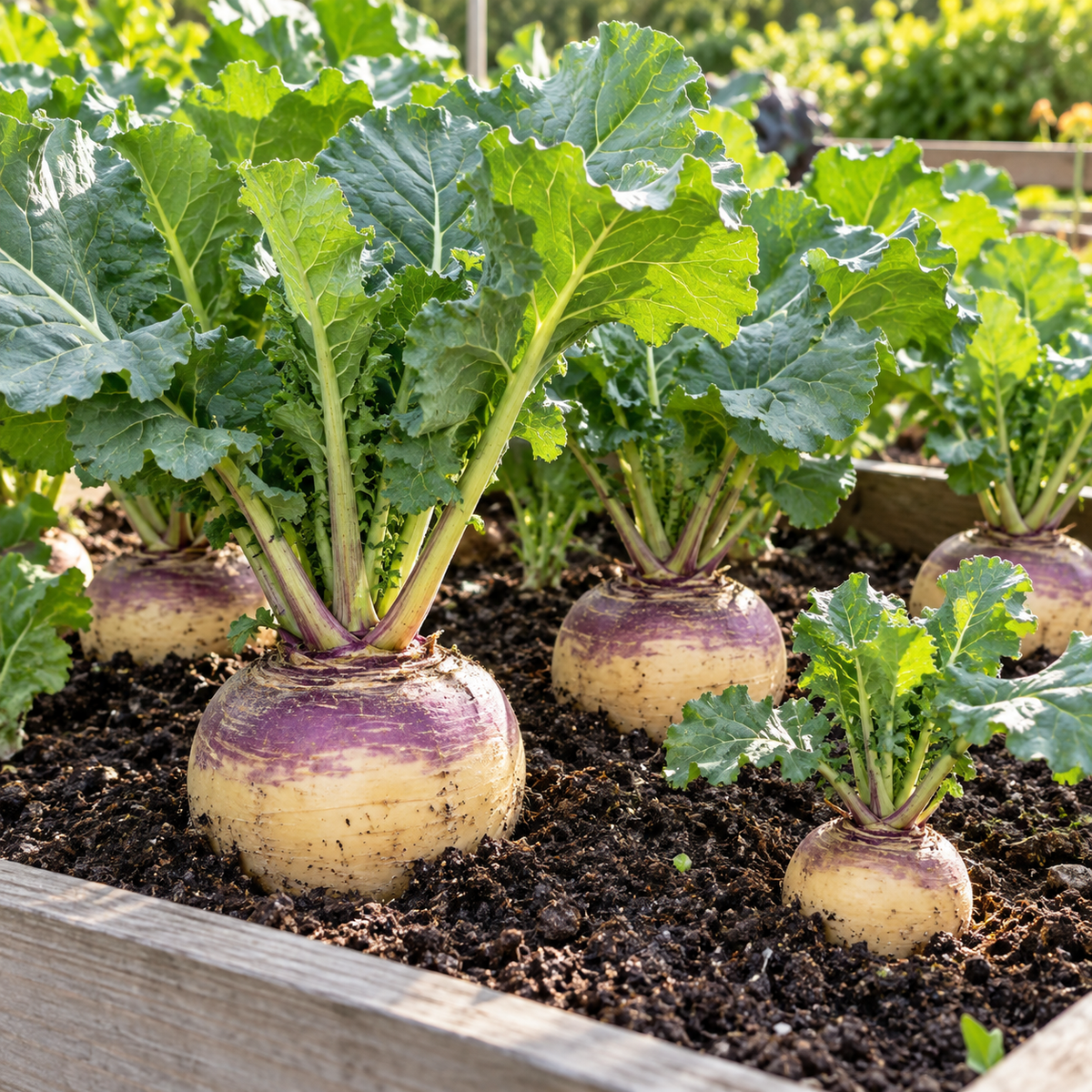 American Purple Top rutabaga roots growing in rich garden soil