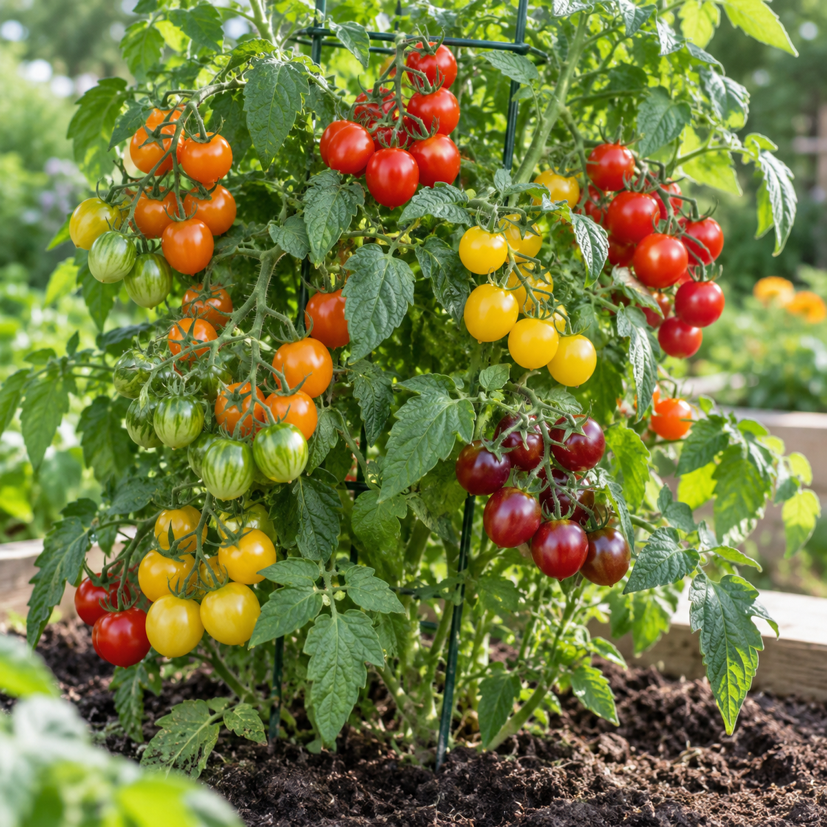 Rainbow Mix cherry tomato plant with colorful ripe tomatoes