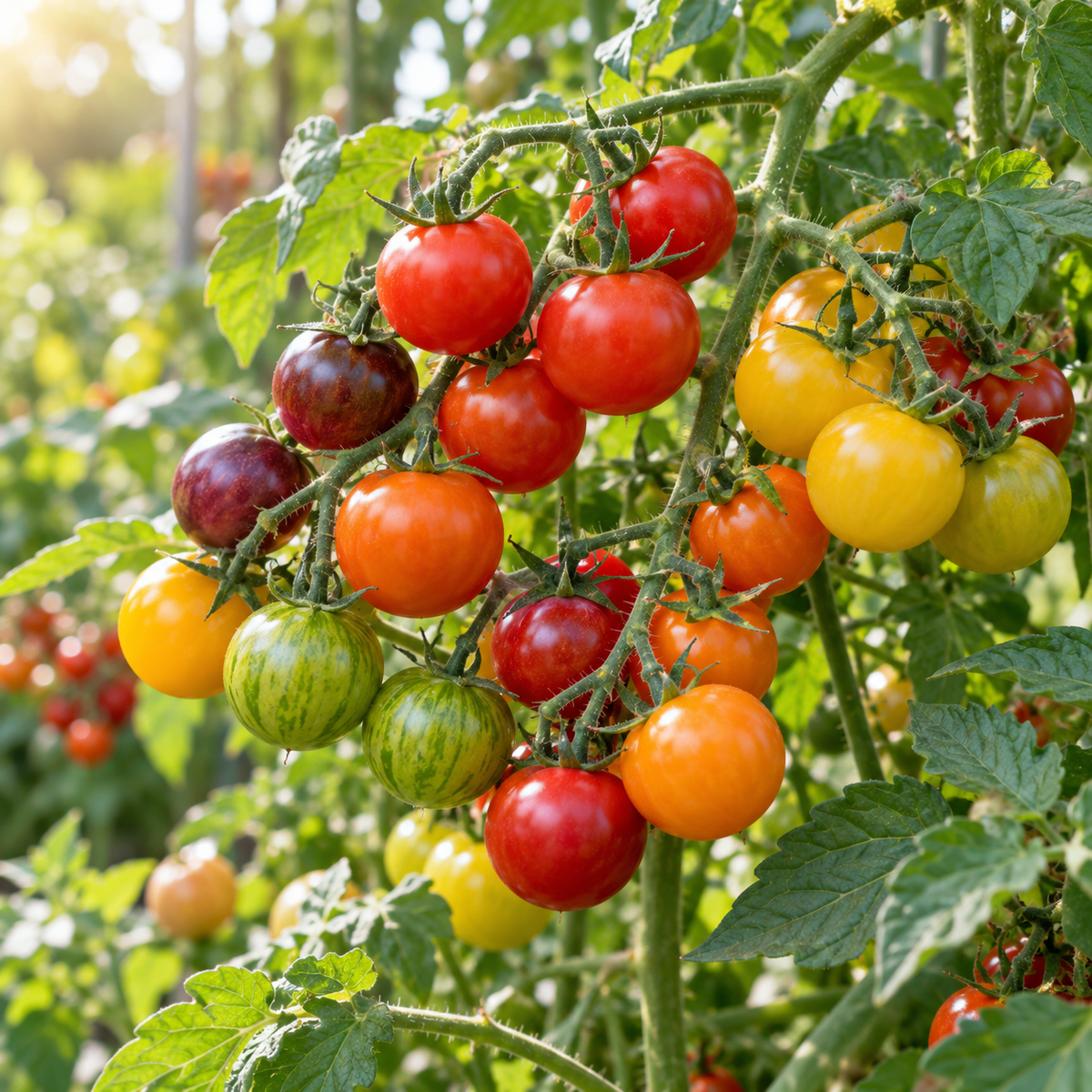 Close-up of Rainbow Mix cherry tomatoes growing on the vine