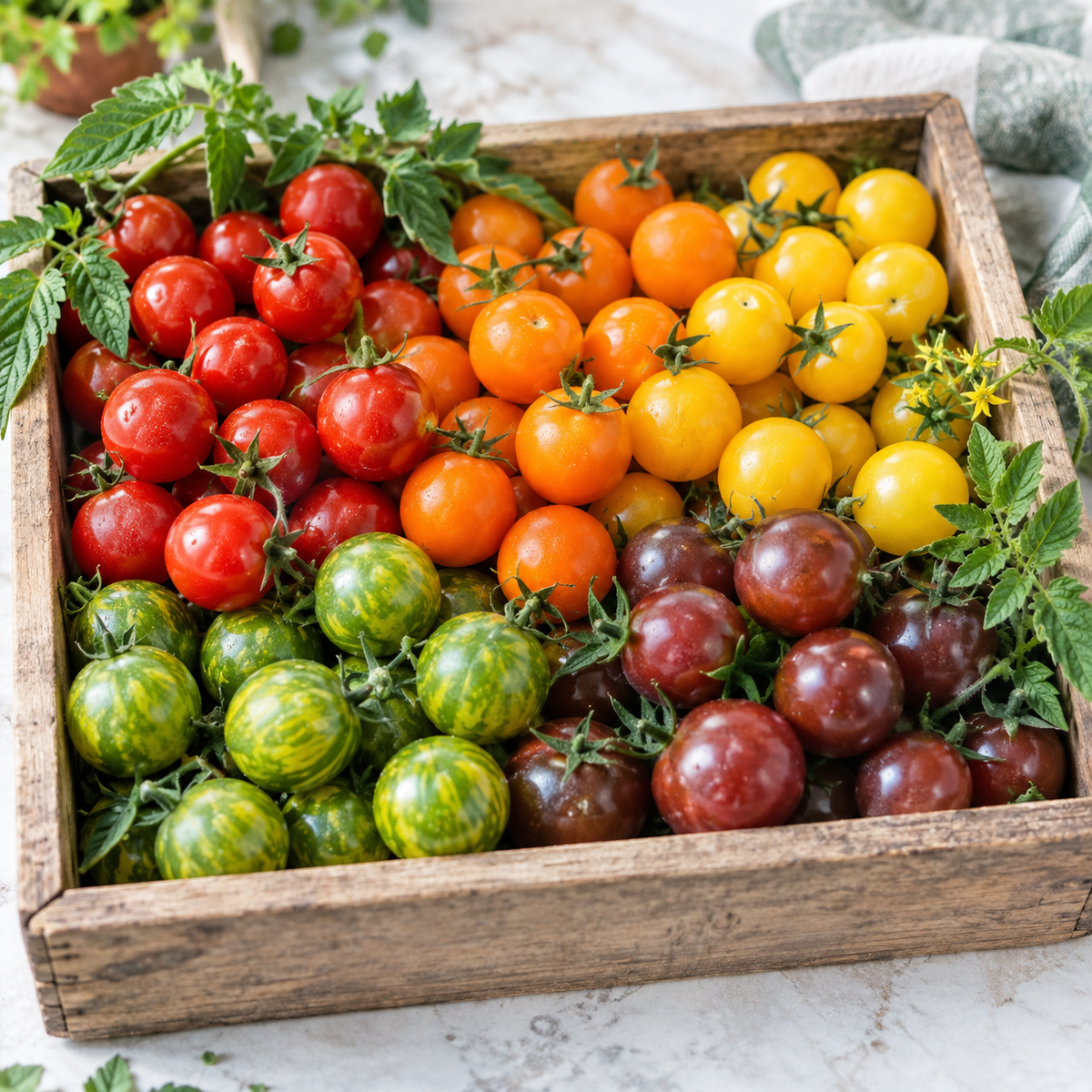 Fresh harvest of Rainbow Mix cherry tomatoes in a wooden tray
