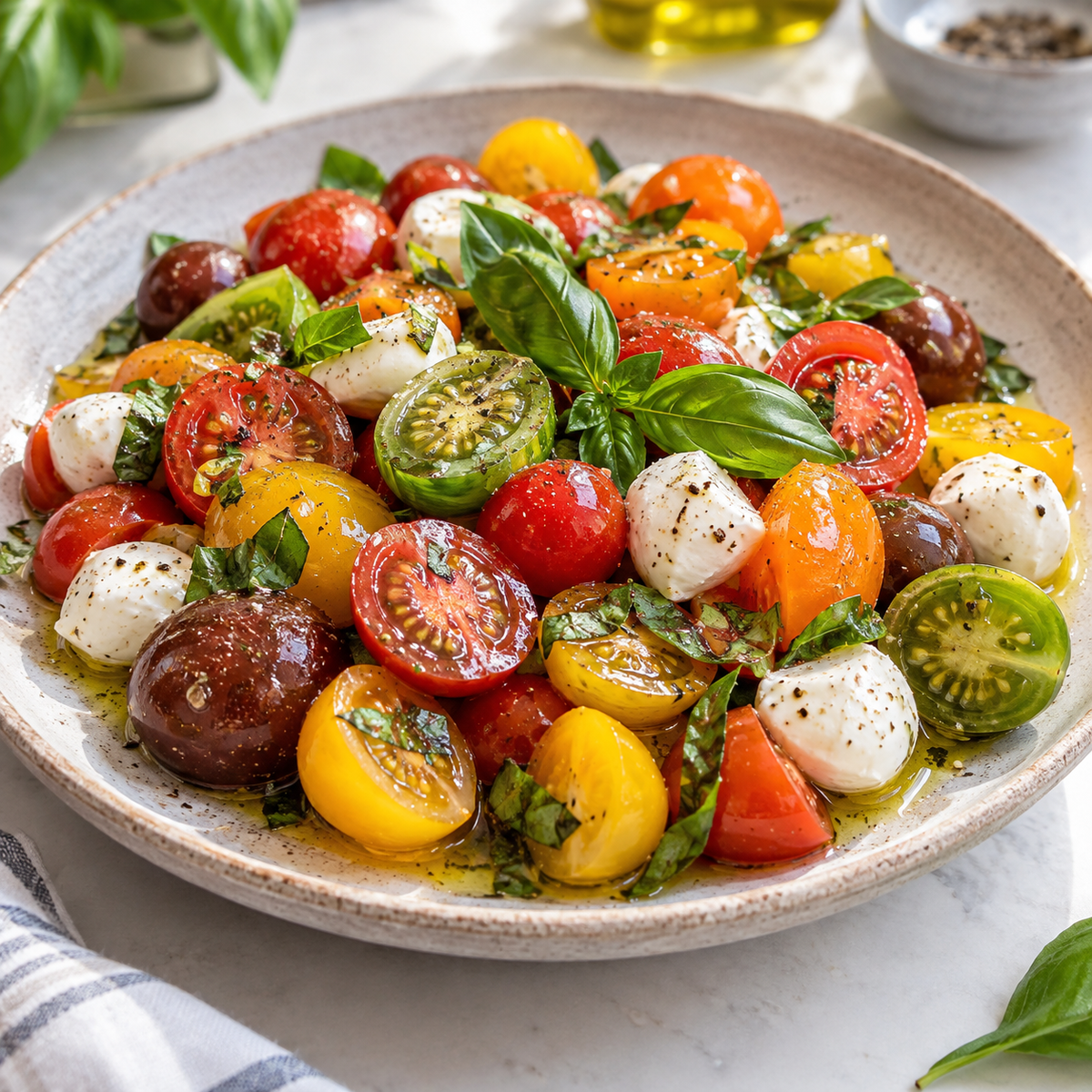 Colorful Rainbow Mix cherry tomato salad with basil and mozzarella