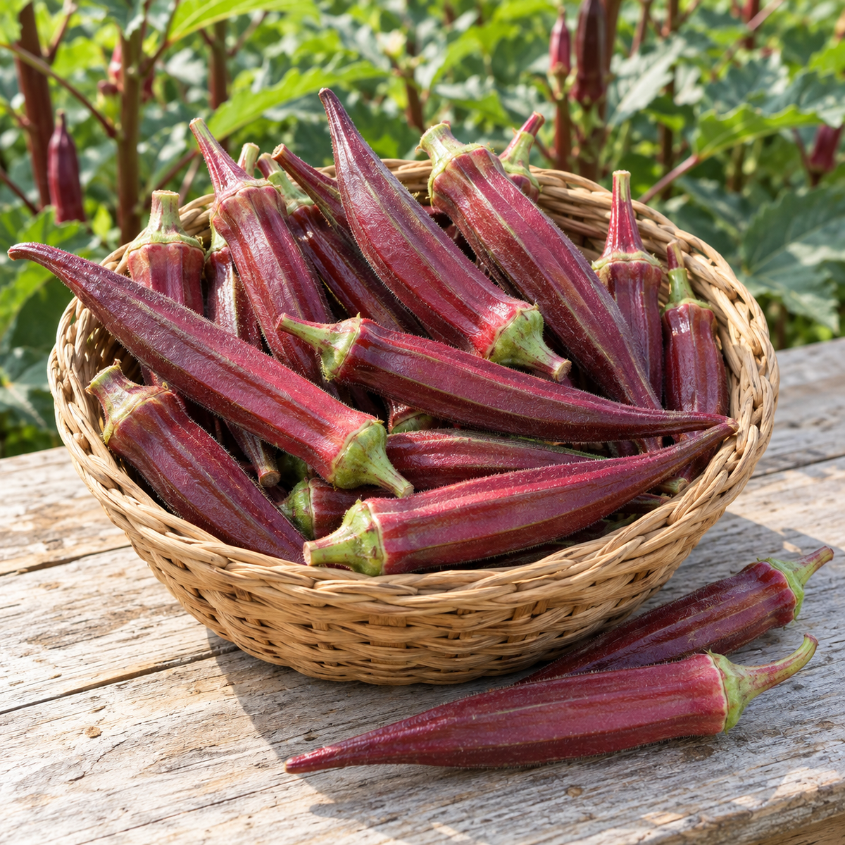 Freshly harvested Red Burgundy okra pods in a woven basket on a wooden garden table.