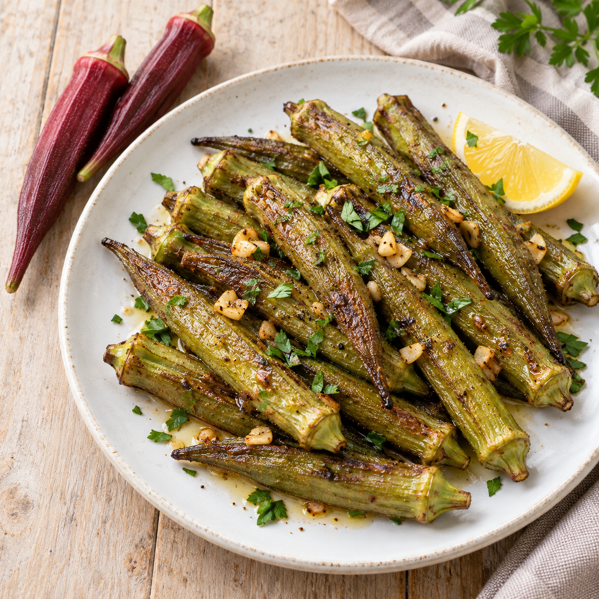 Roasted okra with garlic, parsley and lemon, with fresh Red Burgundy pods beside the plate.
