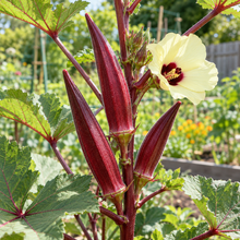 Red Burgundy okra pods growing beside a pale yellow flower and green leaves