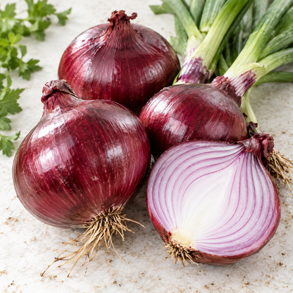 Fresh Red Creole onions with deep red skins and sliced interior