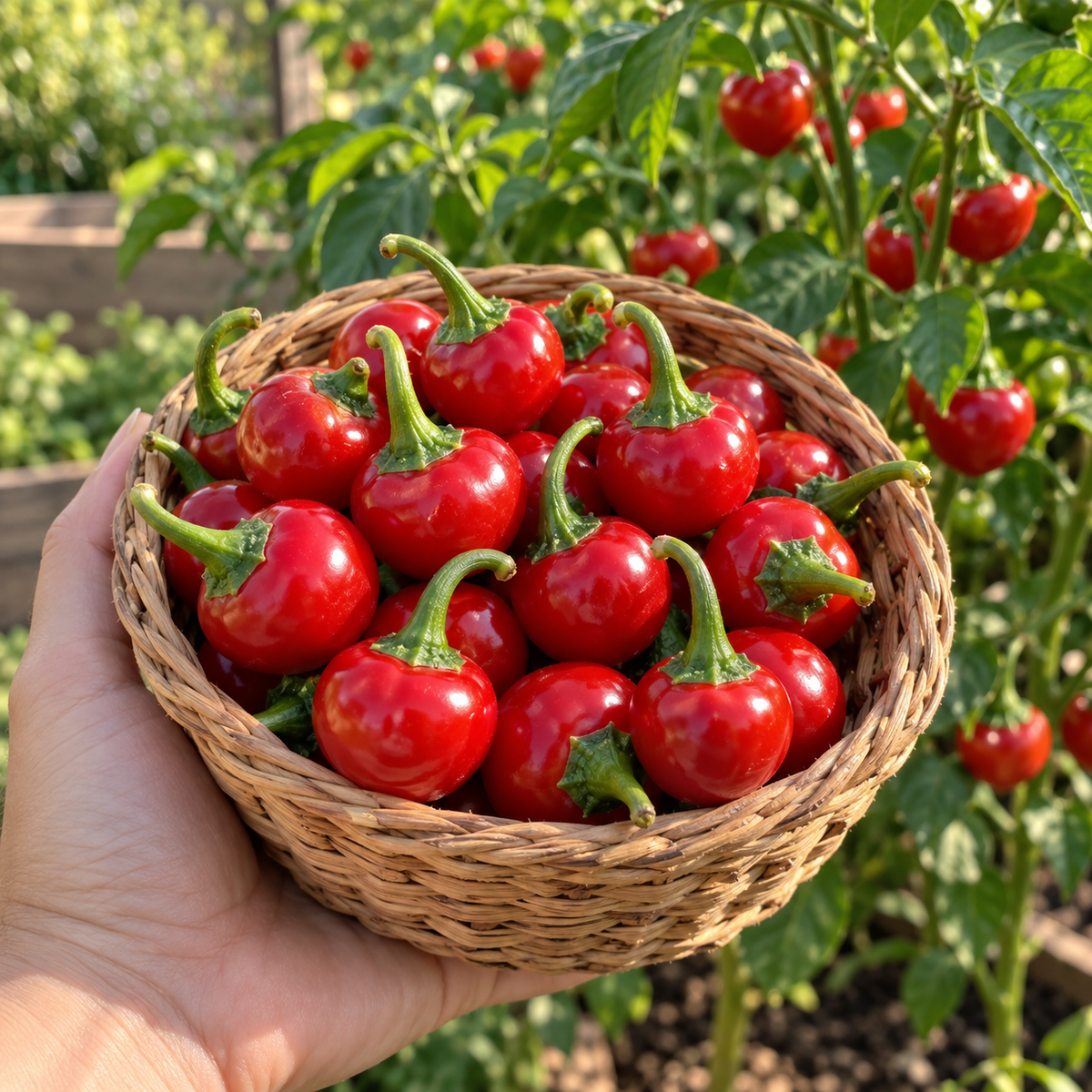 Freshly harvested Red Hot Cherry Peppers in a garden basket