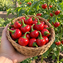 Freshly harvested Red Hot Cherry Peppers in a garden basket
