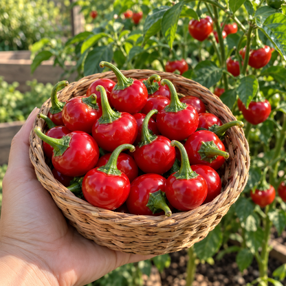 Freshly harvested Red Hot Cherry Peppers in a garden basket