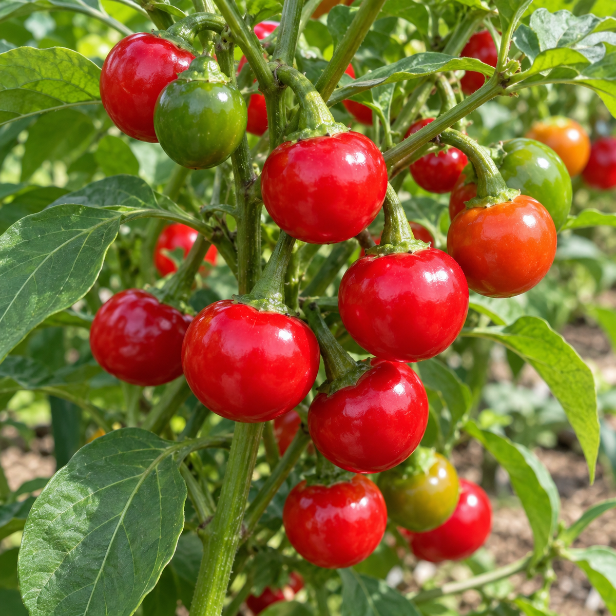 Red Hot Cherry Pepper plant growing in a container garden