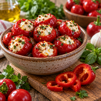 Homemade cherry pepper poppers with sliced red peppers