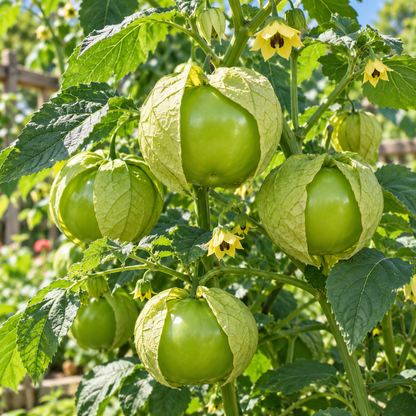 Large green Rio Grande Verde tomatillos growing inside papery husks on a healthy plant