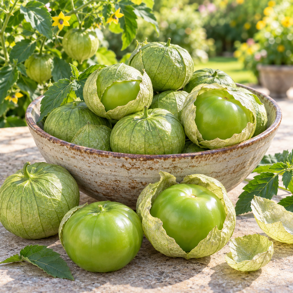 Freshly harvested Rio Grande Verde tomatillos arranged in a rustic bowl