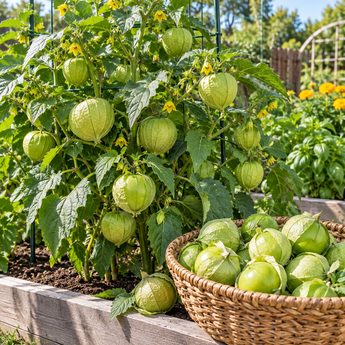 Productive Rio Grande Verde tomatillo plant loaded with green husked fruits