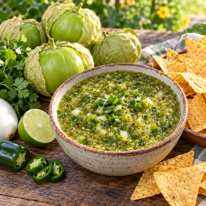 Homemade green salsa verde made with Rio Grande Verde tomatillos, cilantro, lime, and jalapeño