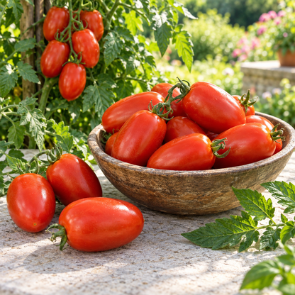 Freshly harvested red Roma VF tomatoes arranged in a rustic bowl