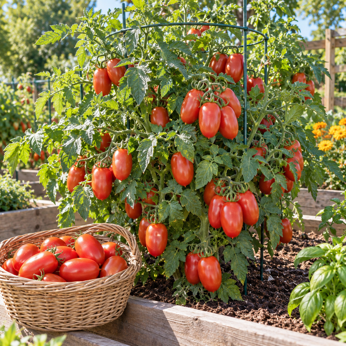 Productive Roma VF tomato plant covered with oblong red paste tomatoes