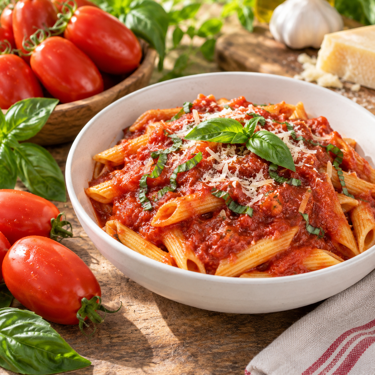 Homemade pasta with rich marinara sauce made from Roma VF tomatoes