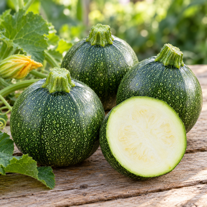 Round zucchini growing on a healthy bush plant in a raised vegetable garden