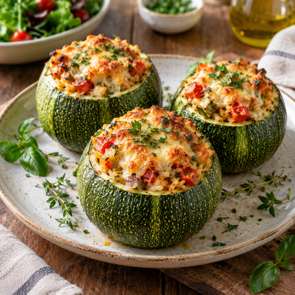 Baked round zucchini stuffed with rice, vegetables, herbs, and melted cheese
