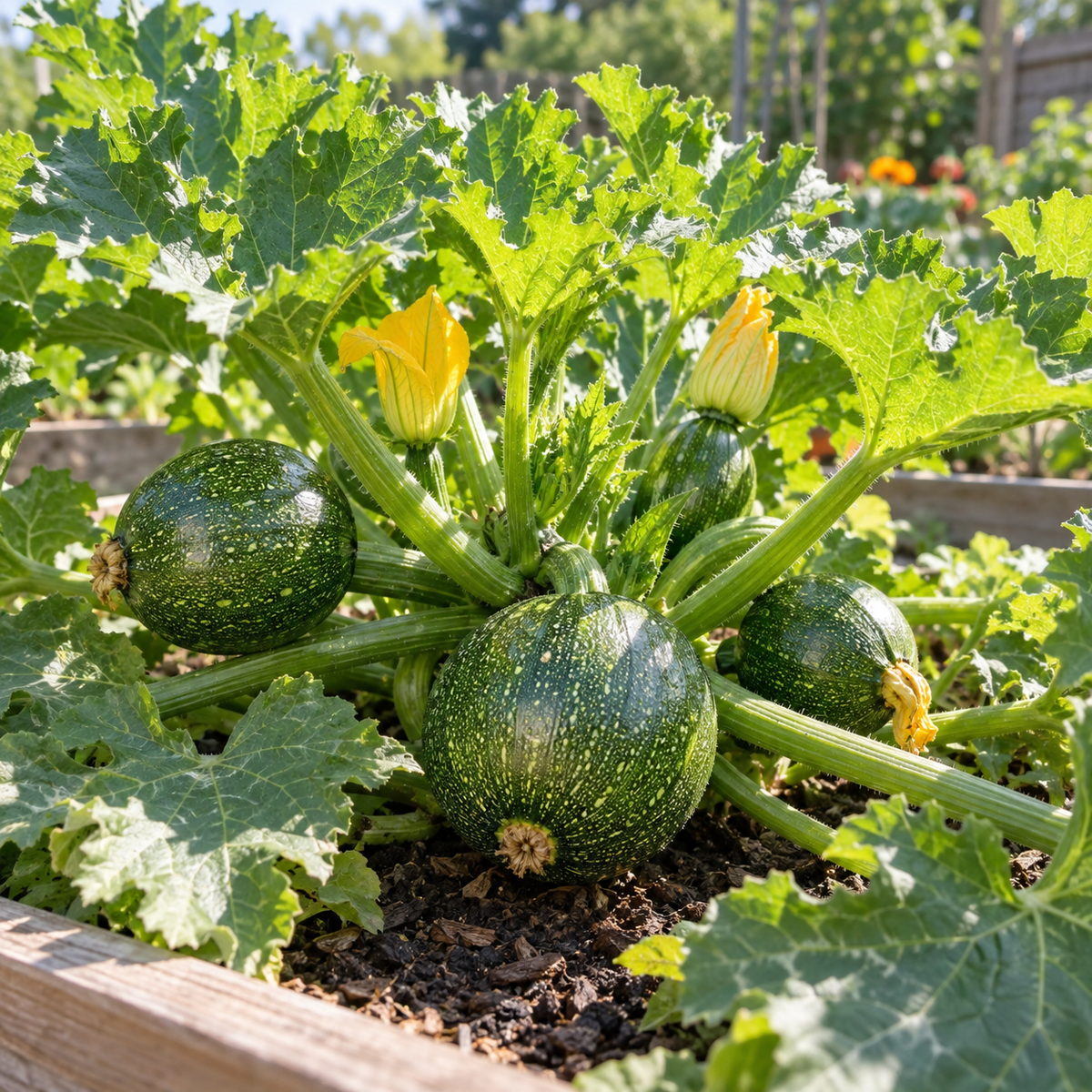 Fresh round zucchini with glossy speckled green skin displayed in a sunny garden setting