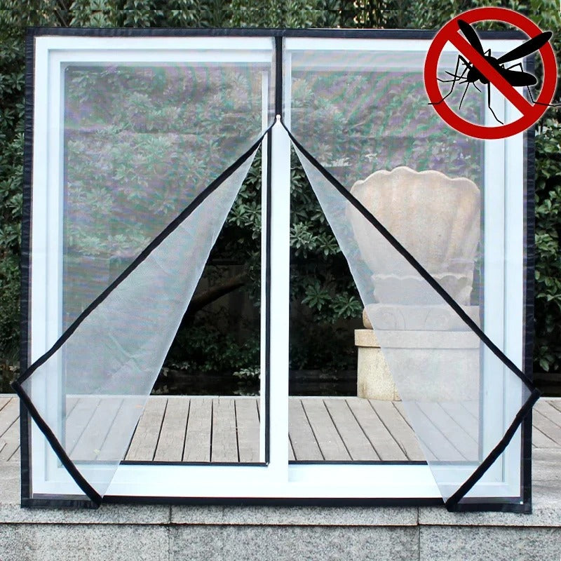 Black mesh window screen partially opened to show access through the zippered panel.