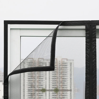 Window insect screen with a zippered opening and a mosquito exclusion symbol.