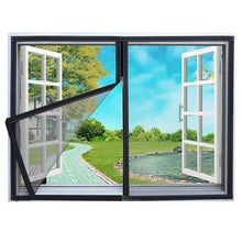 Mosquito mesh screen fitted over an open window with a view of greenery outside.