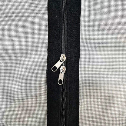 Close-up of two silver zipper pulls on a black mesh window mosquito screen.