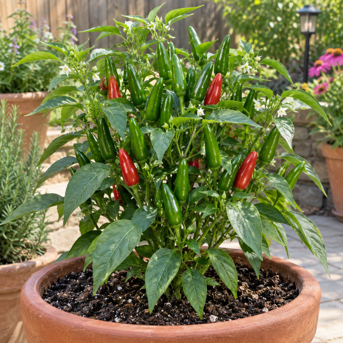 Serrano Tampiqueno hot pepper plant growing in a container garden