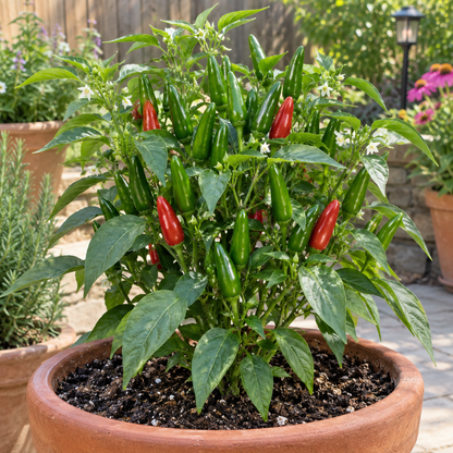 Serrano Tampiqueno hot pepper plant growing in a container garden