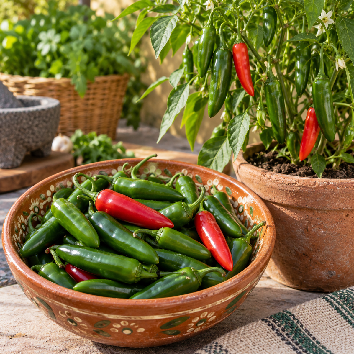 Freshly harvested green and red Serrano Tampiqueno peppers