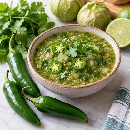 Homemade salsa verde topped with sliced Serrano peppers