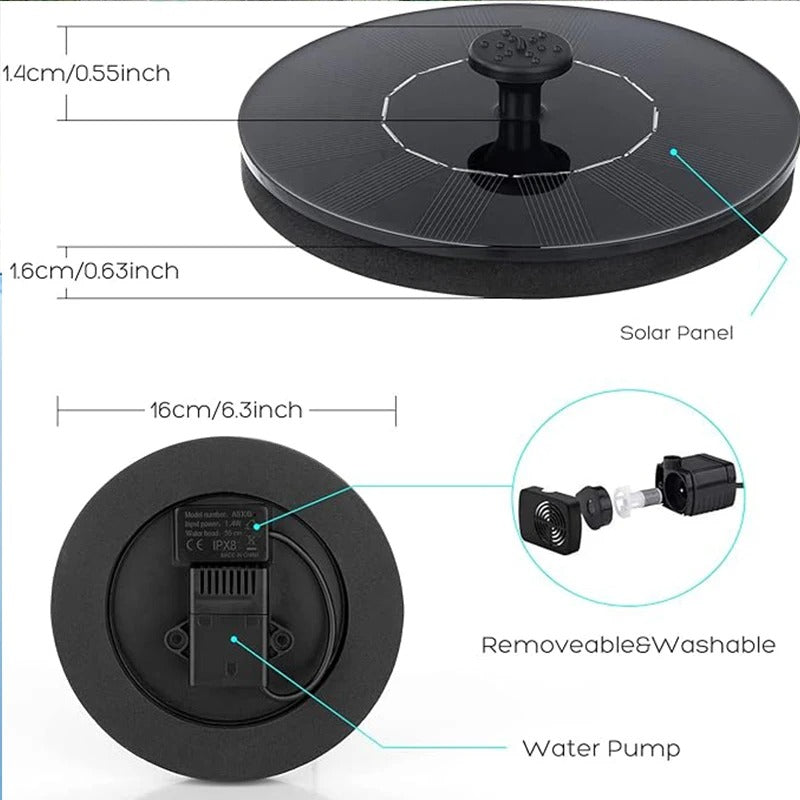 Bird bath fountain pump with solar panel and adjustable spray nozzles