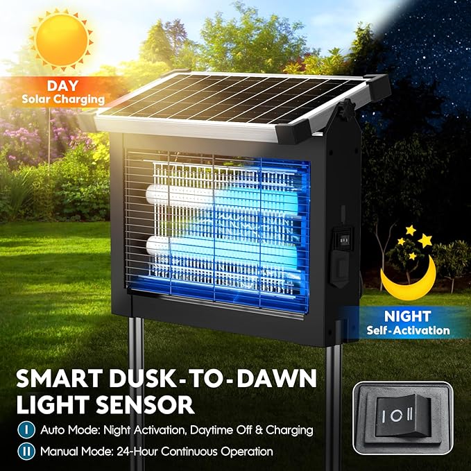 Solar Bug Zapper Outdoor, Waterproof Mosquito Zapper Outdoor Solar Powered, 4500V Electric Bug Zapper Indoor w/Smart Light Sensor, Mosquito Trap Fly Zapper for Patio Kitchen Garage Yard Camping