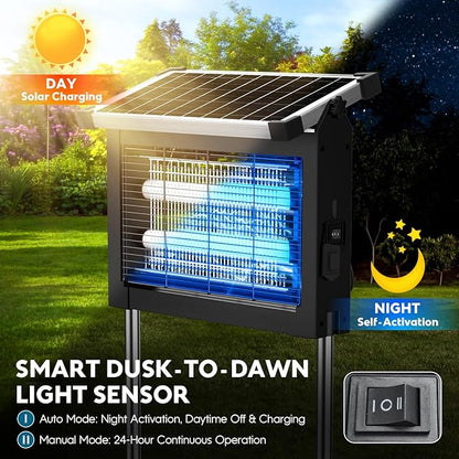 Solar Bug Zapper Outdoor, Waterproof Mosquito Zapper Outdoor Solar Powered, 4500V Electric Bug Zapper Indoor w/Smart Light Sensor, Mosquito Trap Fly Zapper for Patio Kitchen Garage Yard Camping