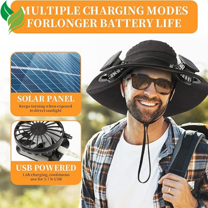 Solar Powered Fan Hat with 2 Removable Fans Wide Brim Sun Hat for Outdoor Fishing, Hiking Gardening, USB Solar Charging
