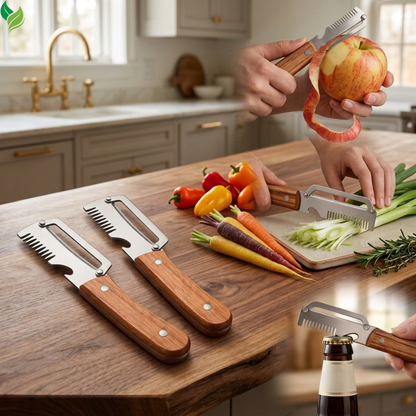 Two-piece stainless steel vegetable peeler set with wooden handles on a clean background