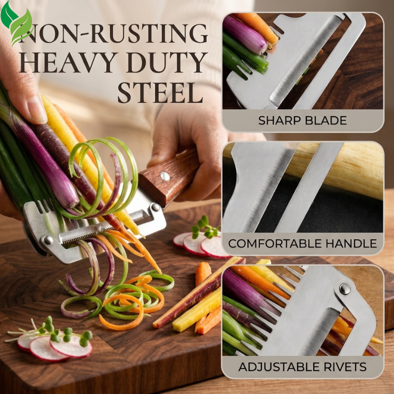 Julienne vegetable peeler preparing cucumber strips for a fresh salad