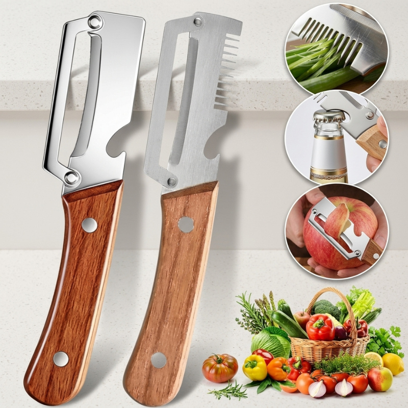 Natural wood handle and stainless steel blade detail on a kitchen peeler