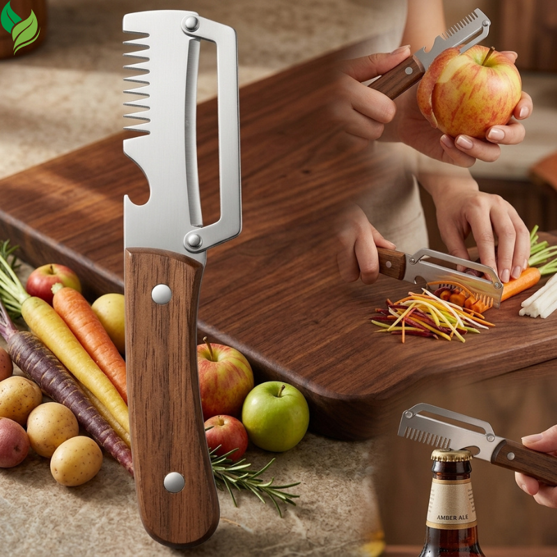 Two-piece kitchen peeler set on a countertop with fresh vegetables