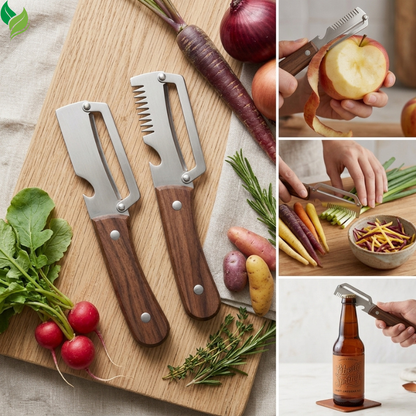 Stainless steel peeler making thin vegetable strips for salad preparation