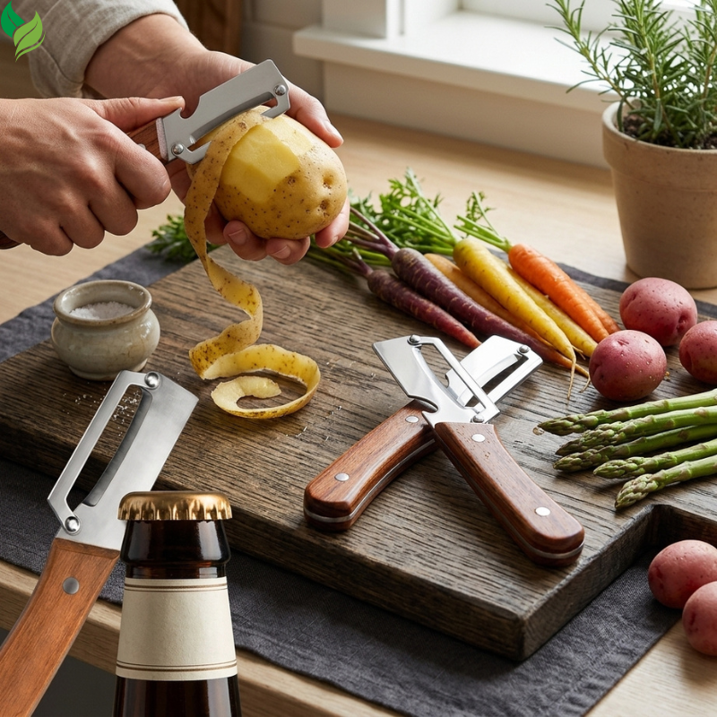 Stainless steel straight peeler and julienne peeler with natural wooden handles